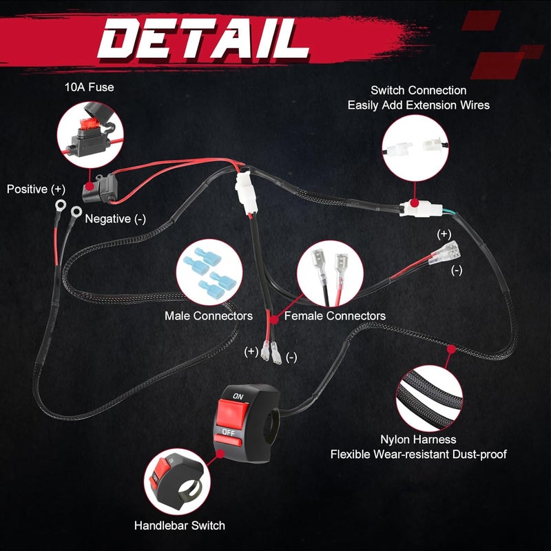 OFFROADTOWN LED Light Bar Wiring Harness Kit w/Motorcycle Handlebar Switch 7-8'' 2 Leads Harness for Headlight Driving Fog Lights Auxiliary Lights for ATV Dirt Bike Bicycle - Image 2